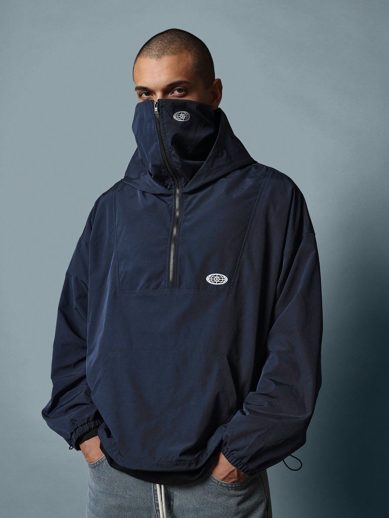 Regular Fit Nylon Half Zip Mask Hoodie With Graphic Print