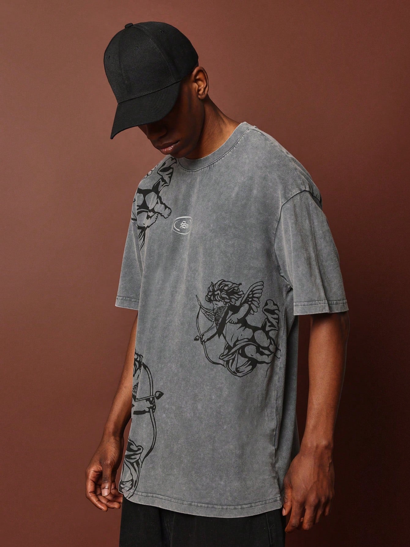 Oversized Fit Short Sleeve Washed Tee With Cherub Graphic Print