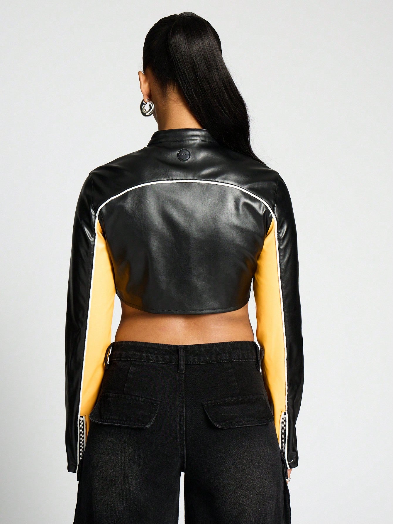 SUMWON WOMEN PU Colour Block Crop Motocross Biker Jacket