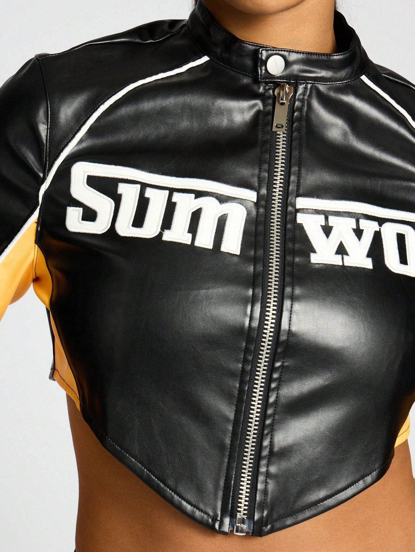 SUMWON WOMEN PU Colour Block Crop Motocross Biker Jacket