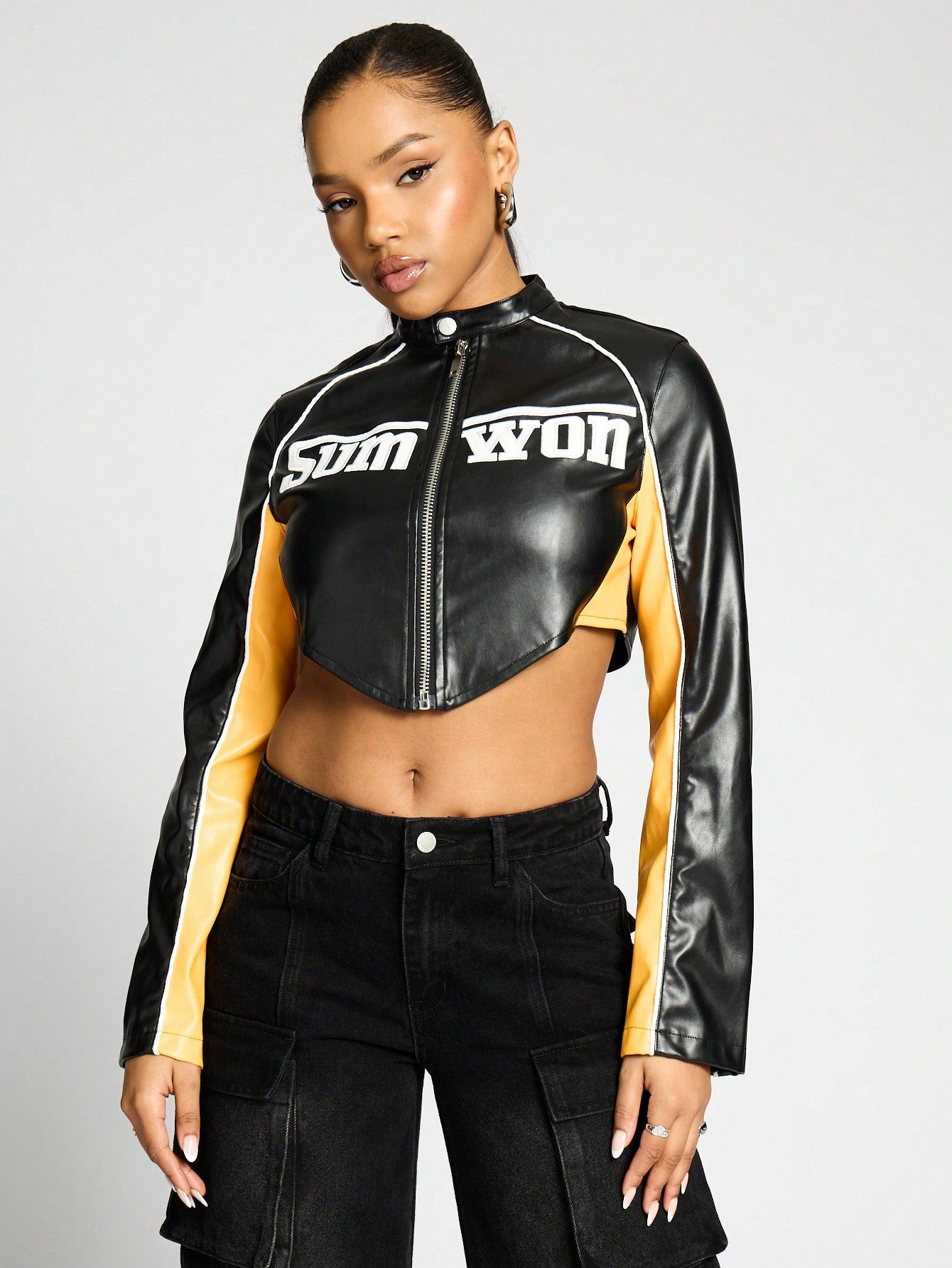 SUMWON WOMEN PU Colour Block Crop Motocross Biker Jacket