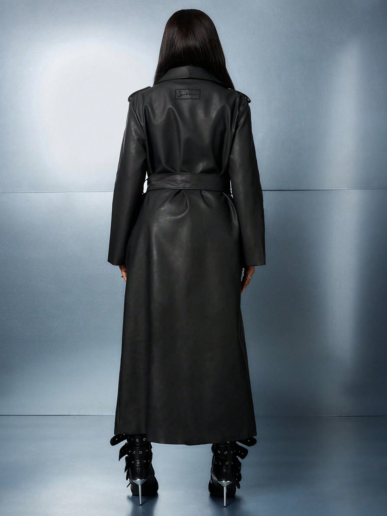 SUMWON WOMEN PU Long Trench Coat With Belt Detail