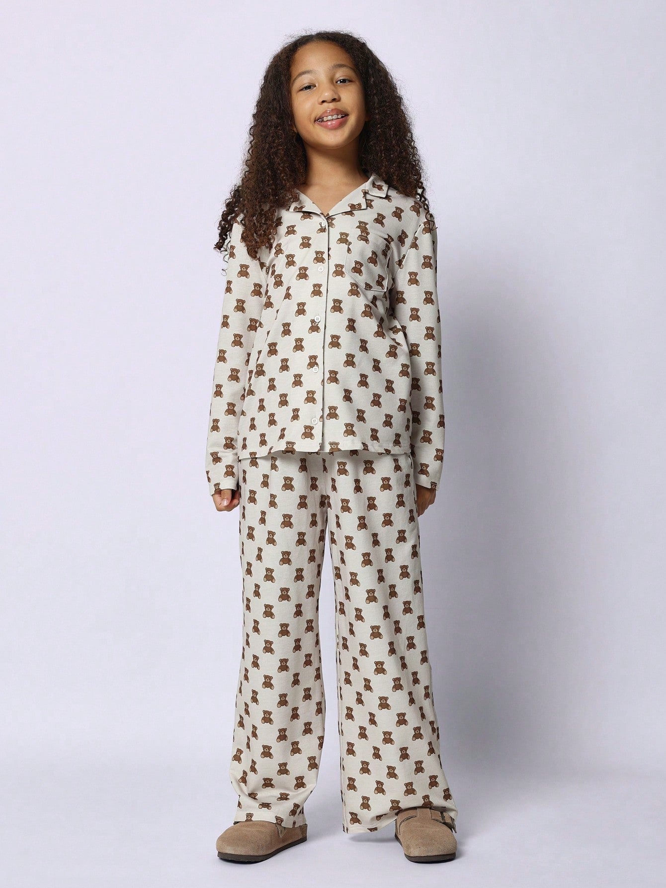 Tween Girls Relaxed Christmas Regular Fit Bear Printed Long Sleeve Shirt & Loose Fit Pant 2 Piece Pyjama Set