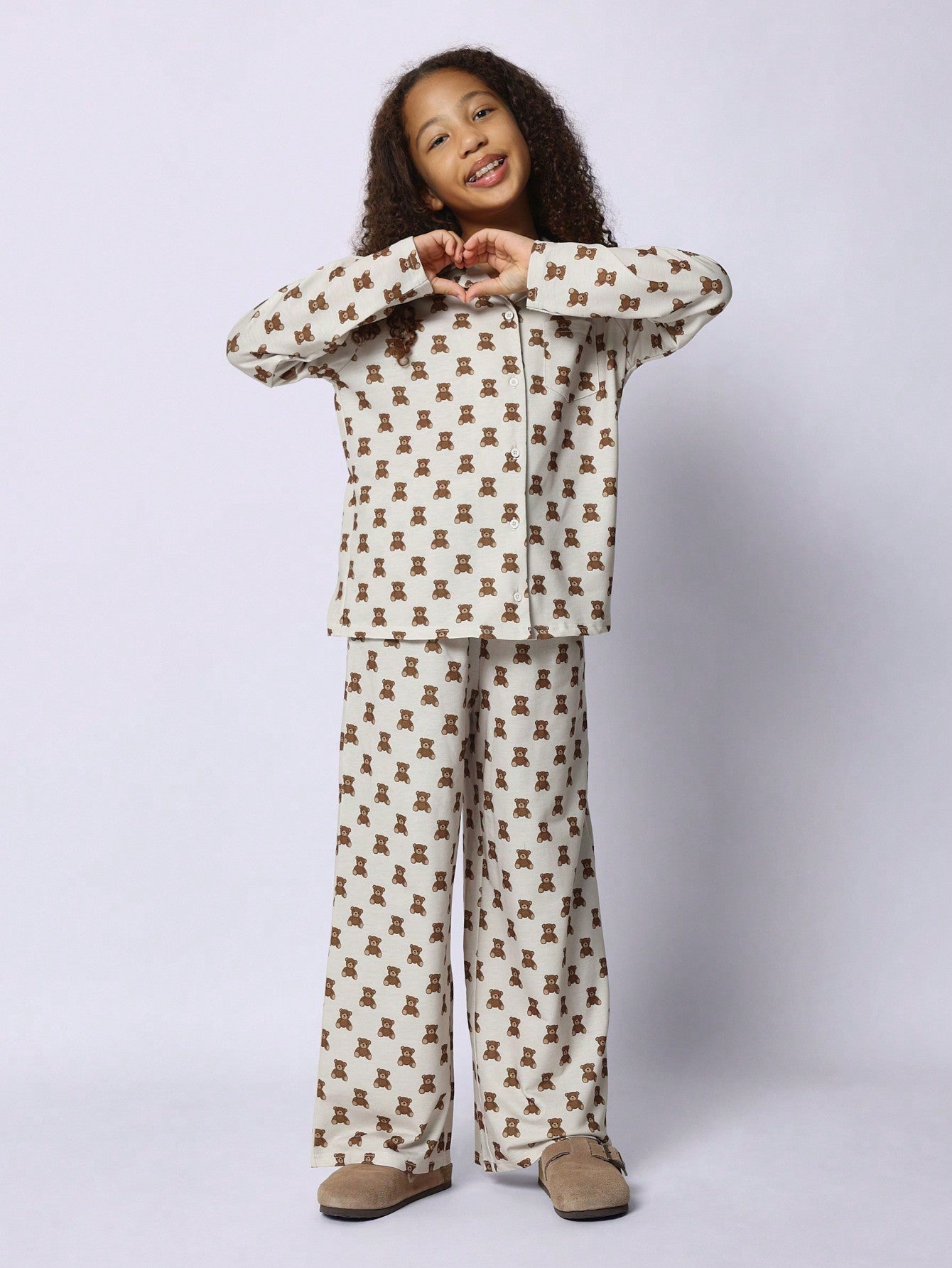 Tween Girls Relaxed Christmas Regular Fit Bear Printed Long Sleeve Shirt & Loose Fit Pant 2 Piece Pyjama Set