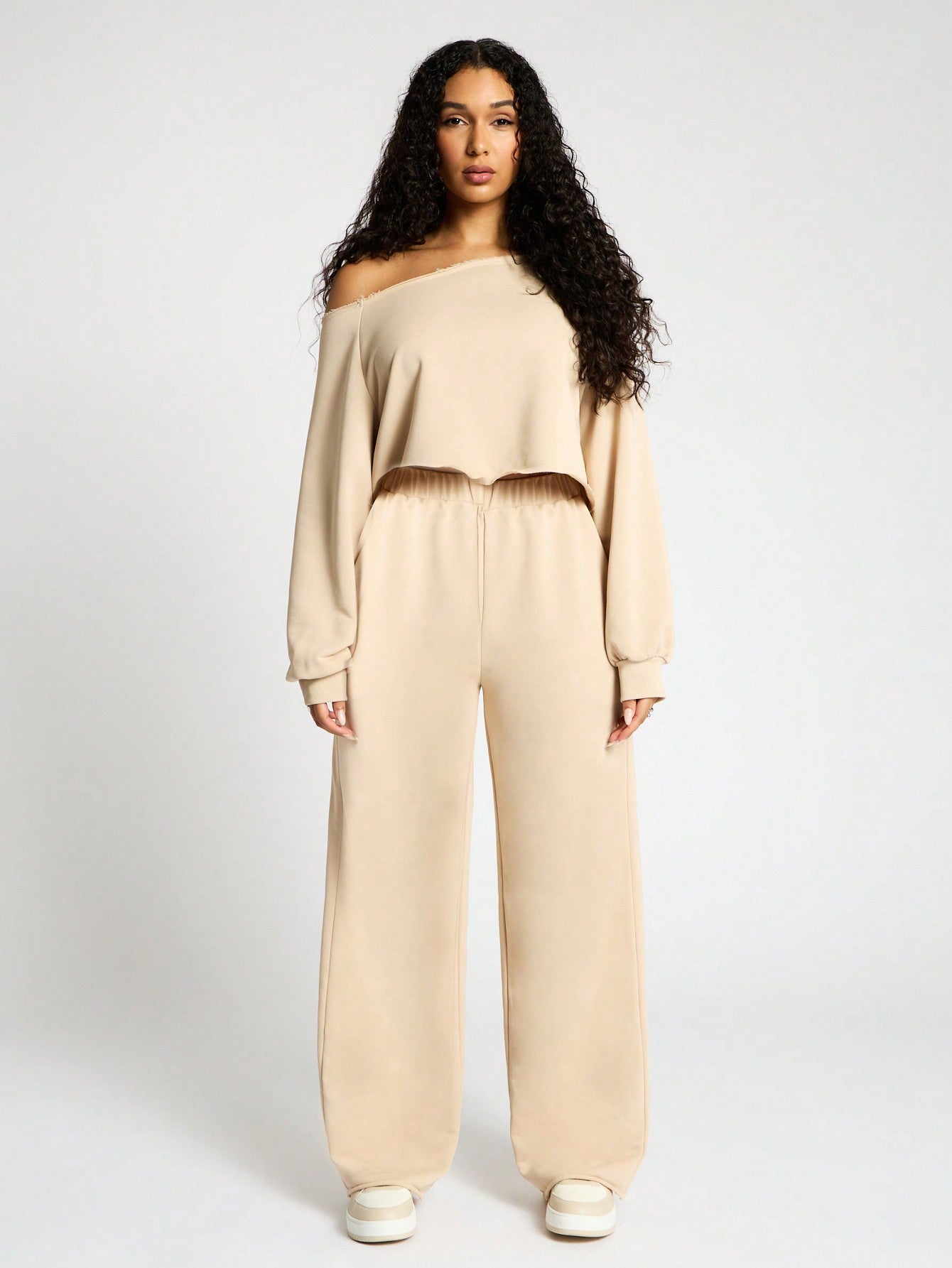 SUMWON WOMEN Slouchy Off The Shoulder Crop Jumper And Wide Leg Trouser Set