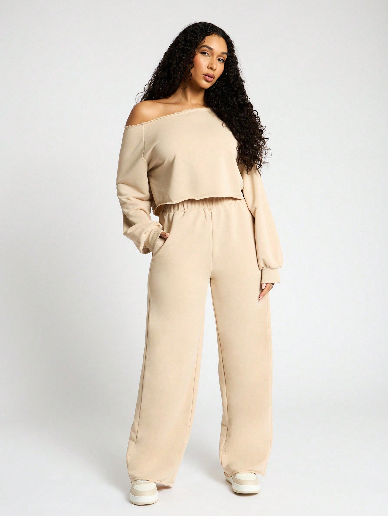 SUMWON WOMEN Slouchy Off The Shoulder Crop Jumper And Wide Leg Trouser Set