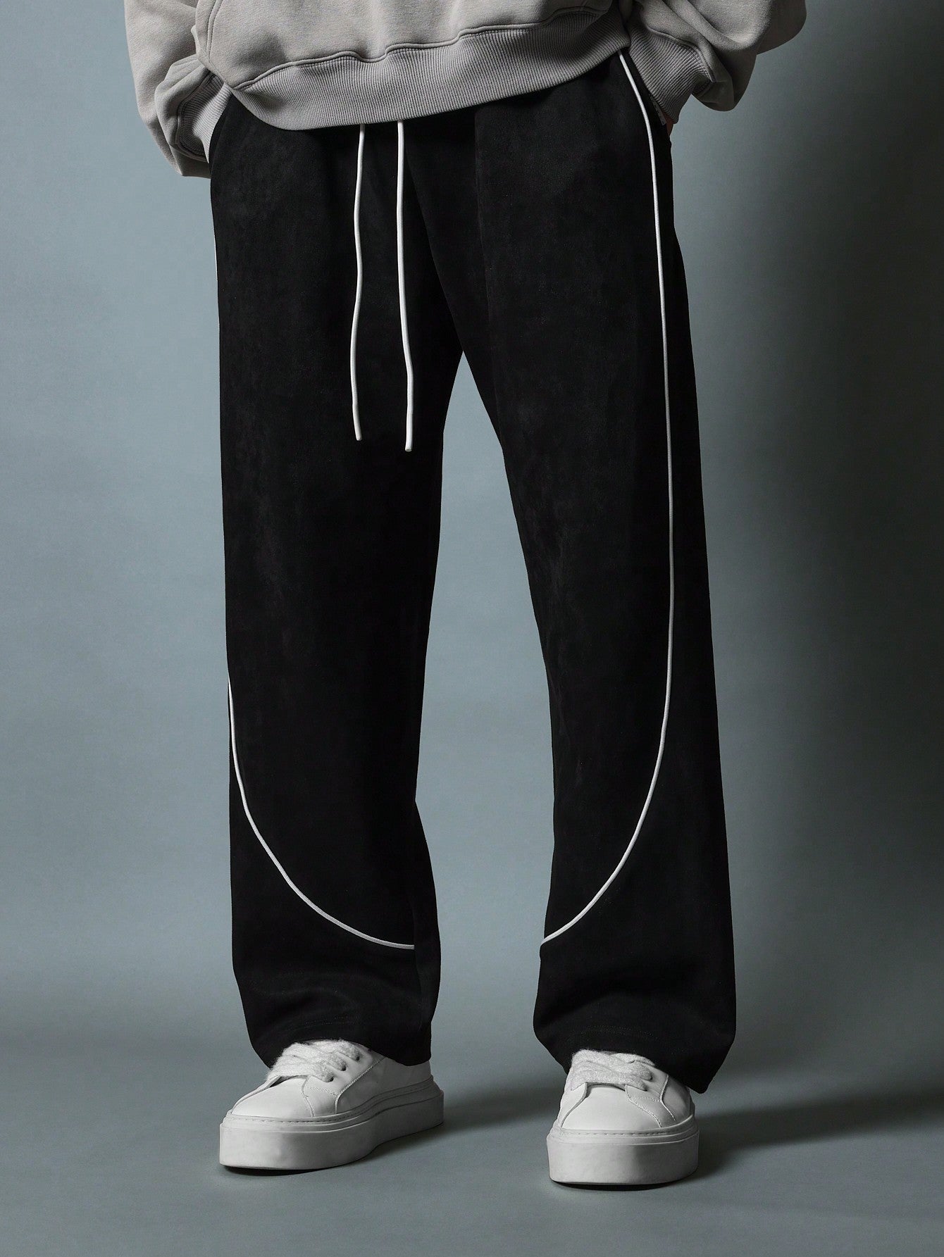 Suedette Skater Fit Sweatpants With Piping & Drawstrings