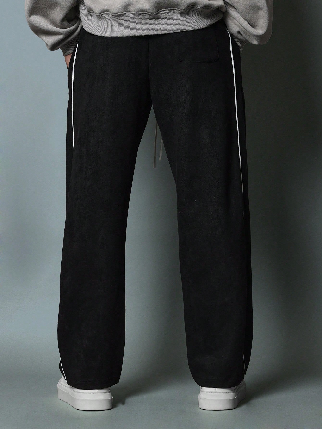 Suedette Skater Fit Sweatpants With Piping & Drawstrings