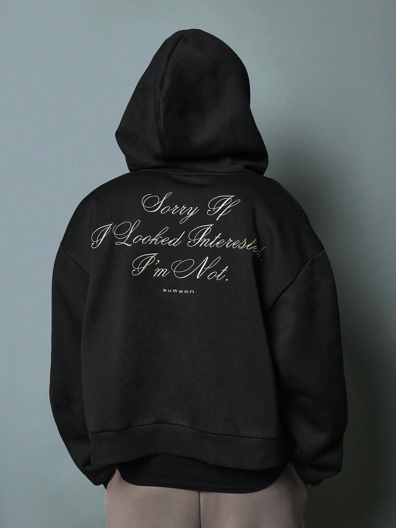 Crop Fit Zip Through Hoodie With Script Embroidery Pattern