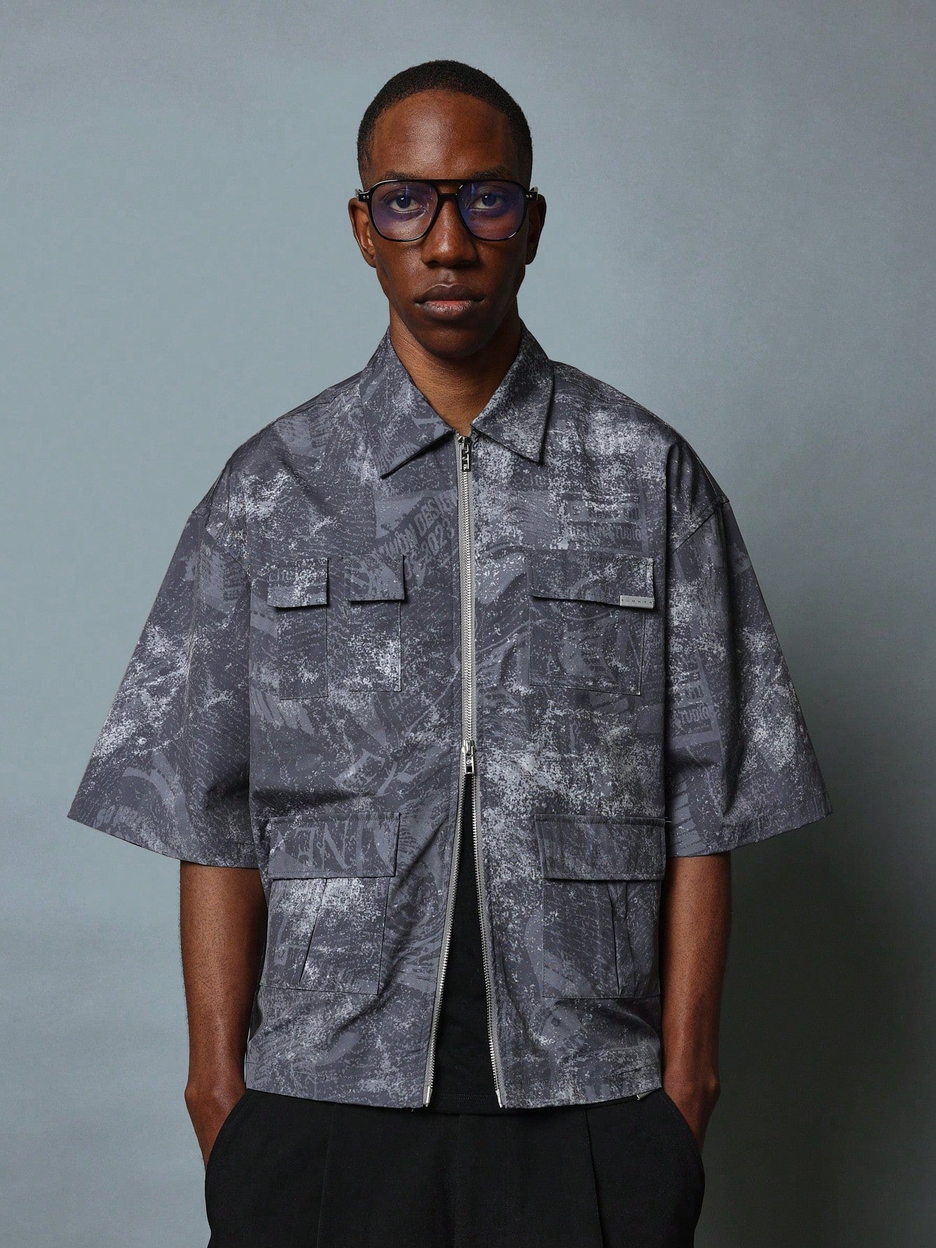 Boxy Fit Zip Through All Over Printed Utility Shirt