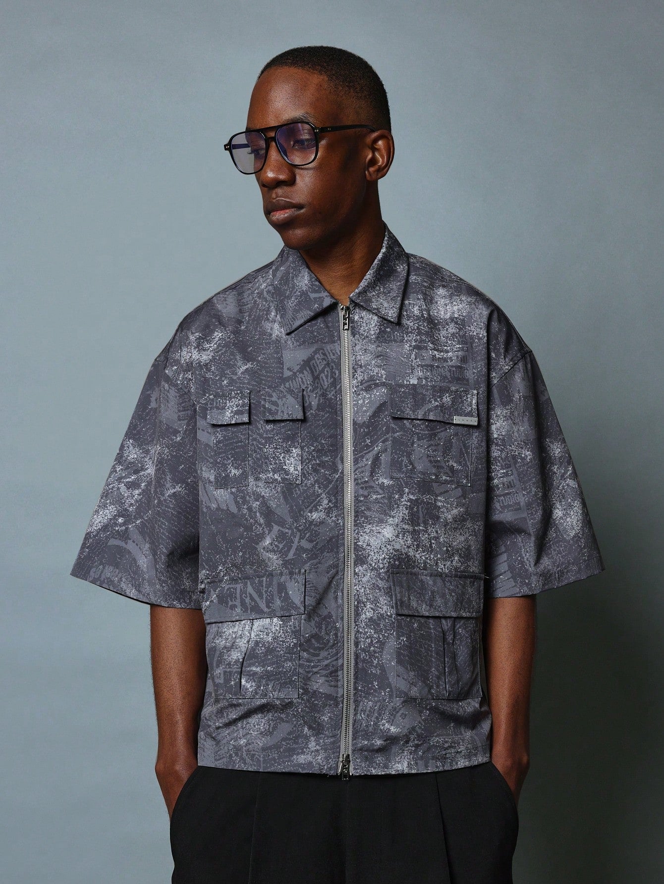 Boxy Fit Zip Through All Over Printed Utility Shirt