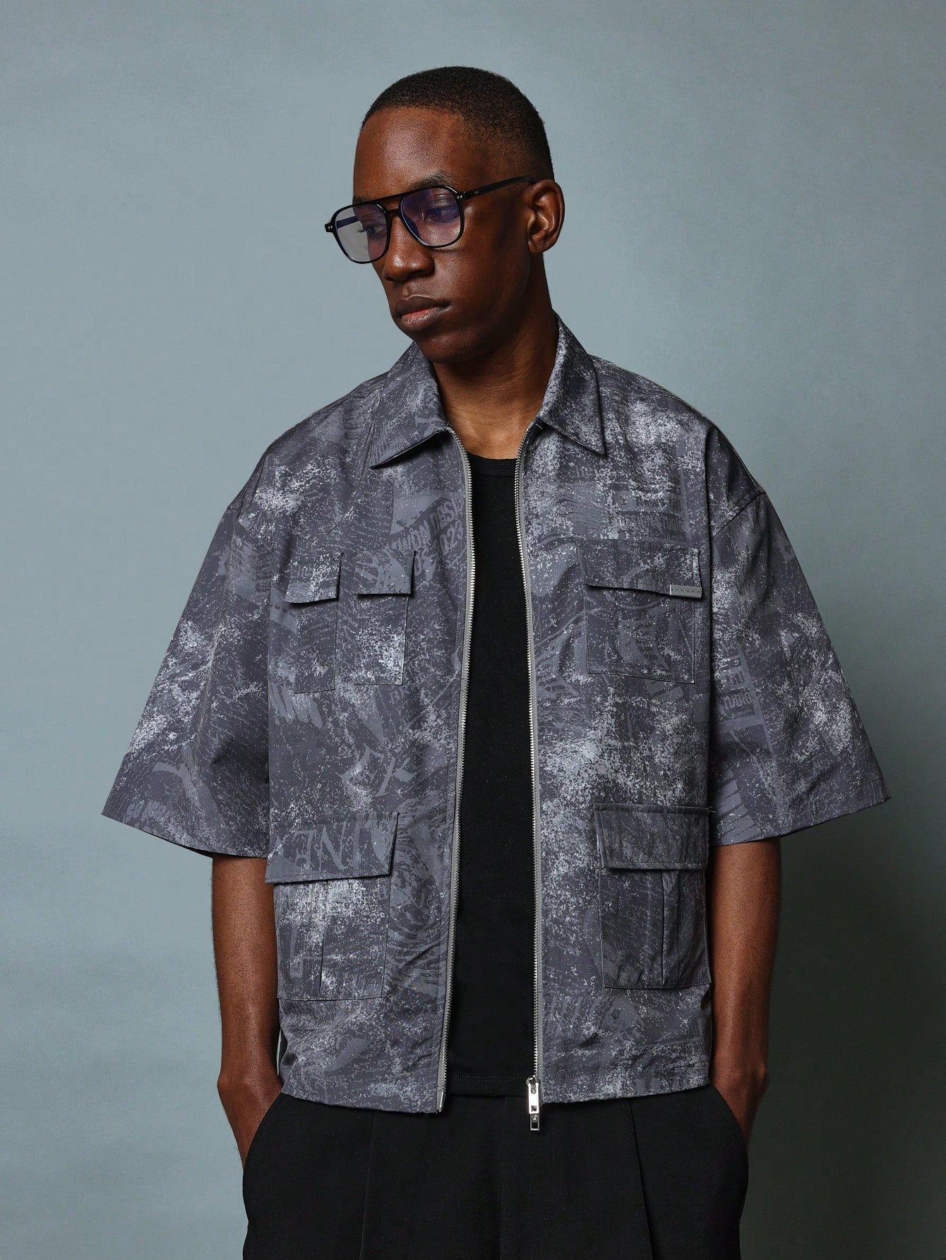 Boxy Fit Zip Through All Over Printed Utility Shirt