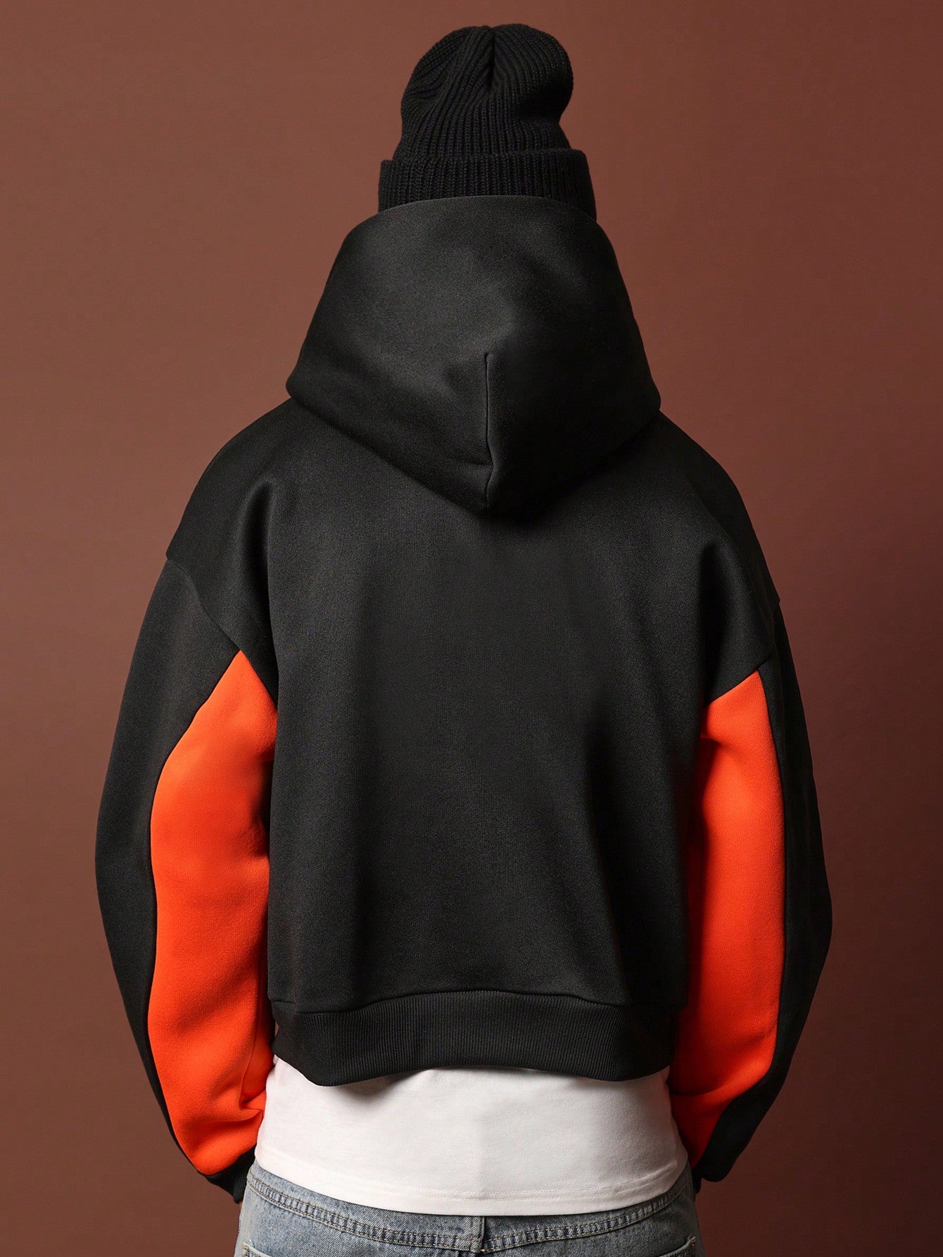 Cropped Zip Through Colour Block Panel Hoodie With Graphic Print