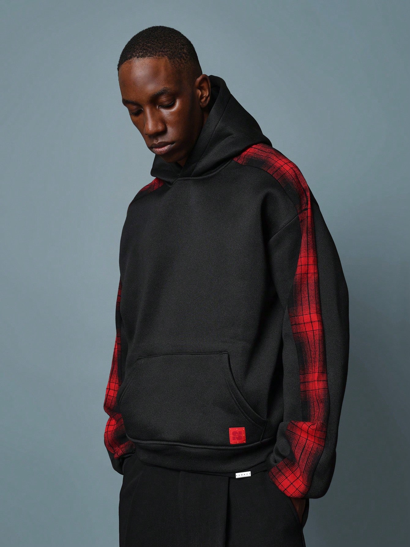 Regular Fit Overhead Hoodie With Check Sleeve Panel