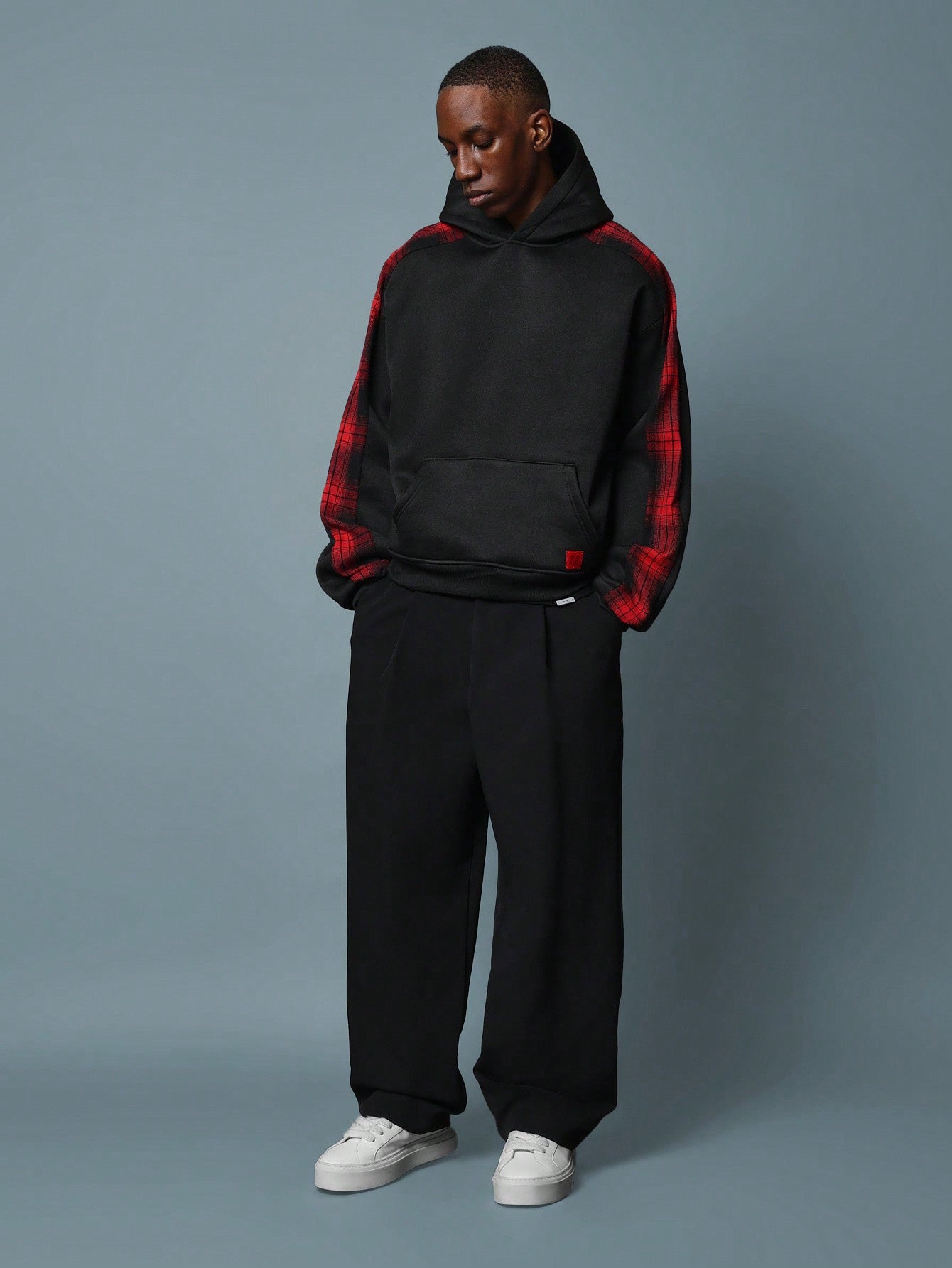 Regular Fit Overhead Hoodie With Check Sleeve Panel