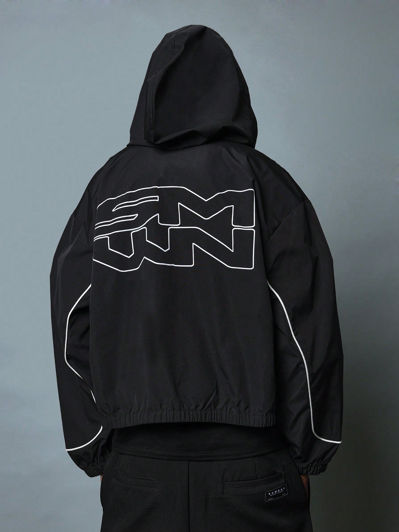 Crop Zip-Up Nylon Funnel Neck Hoodie With Piping & Small Graphic Print