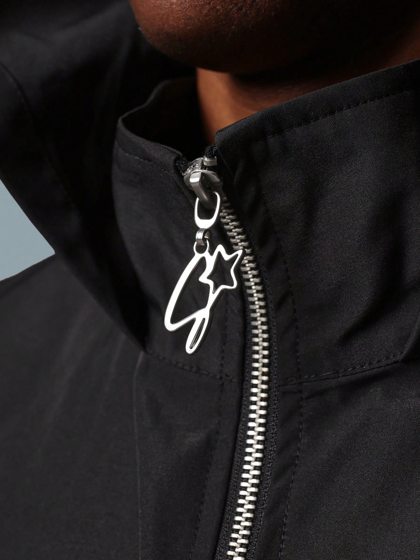 Crop Zip-Up Nylon Funnel Neck Hoodie With Piping & Small Graphic Print