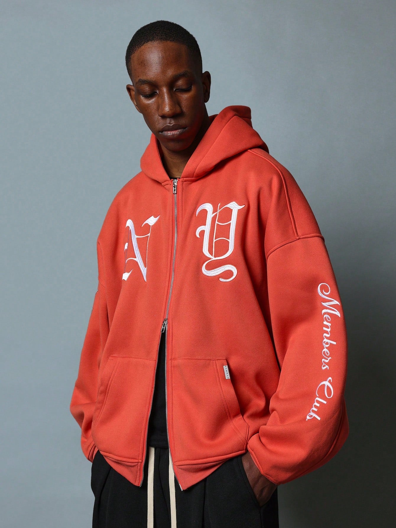 Regular Fit Overhead Zip-Up Hoodie With NY Embroidery Pattern