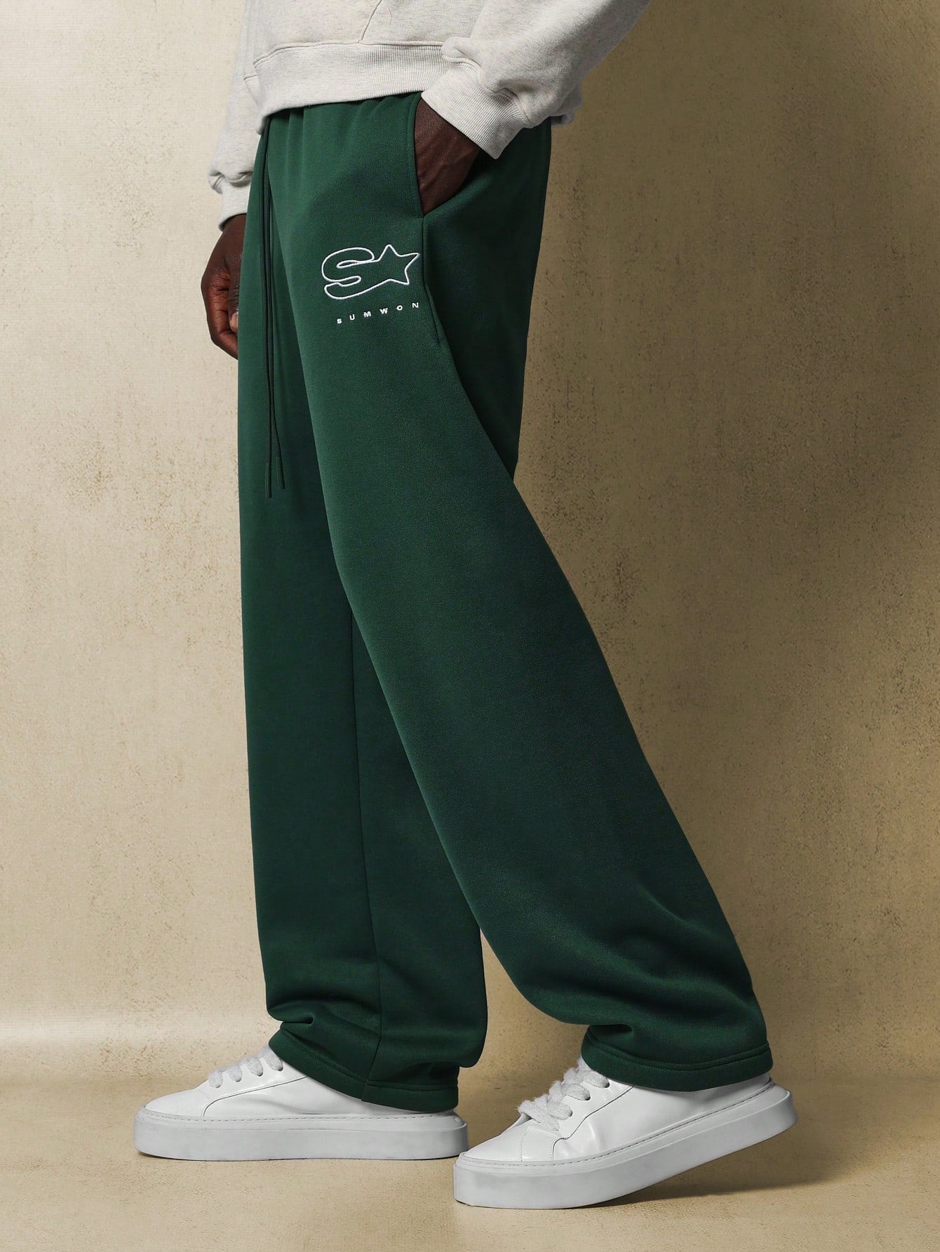 Straight Fit Drop Crotch Sweatpants With Embroidery Pattern