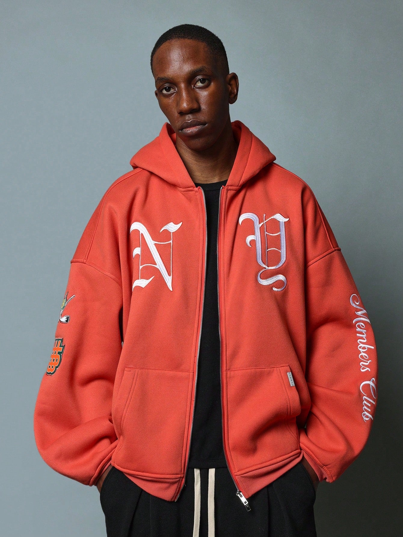 Regular Fit Overhead Zip-Up Hoodie With NY Embroidery Pattern