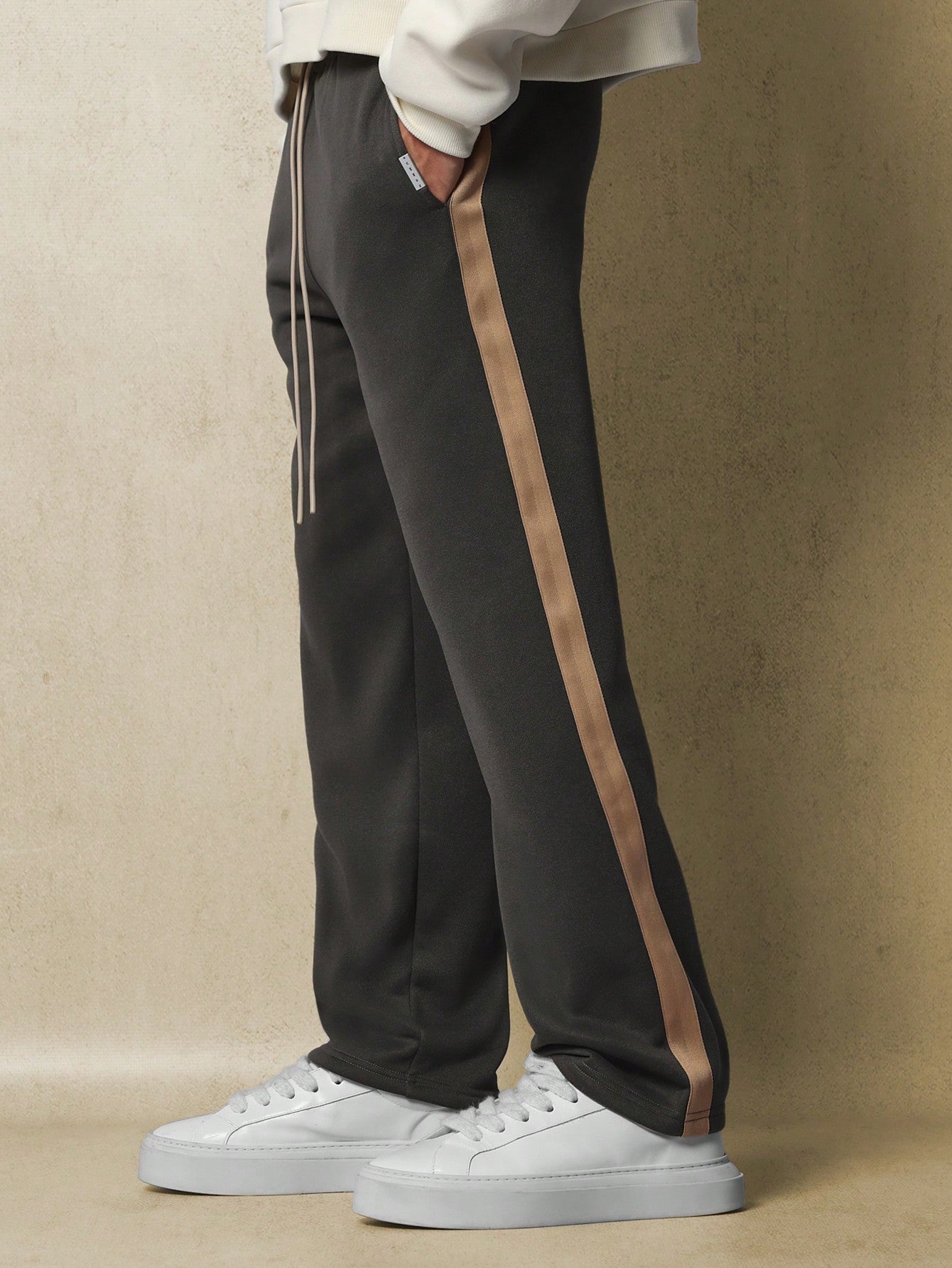 Straight Fit Sweatpants With Herringbone Side Tape & Drawstrings