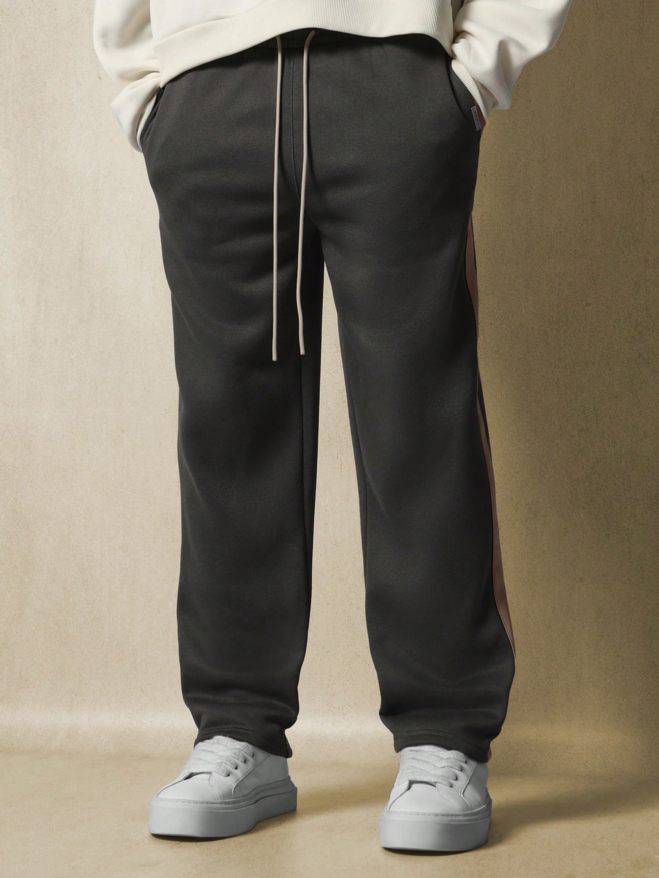 Straight Fit Sweatpants With Herringbone Side Tape & Drawstrings