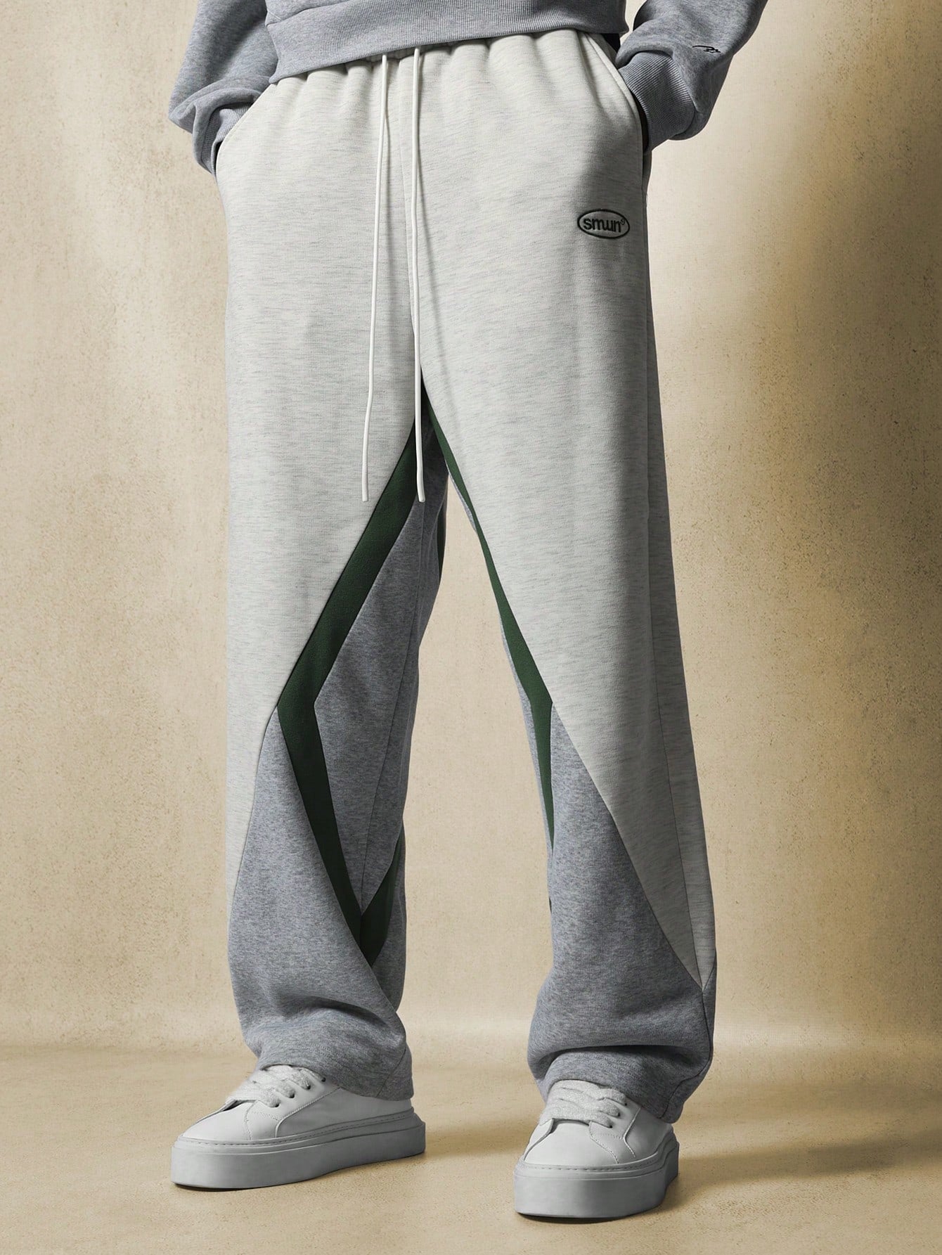 Straight Fit Drop Crotch Colour Block Panel Sweatpants With Small Embroidery