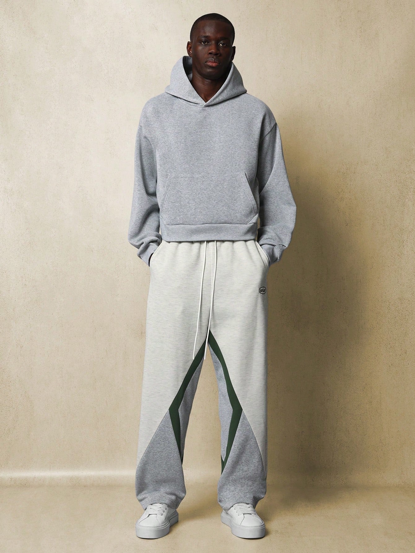 Straight Fit Drop Crotch Colour Block Panel Sweatpants With Small Embroidery