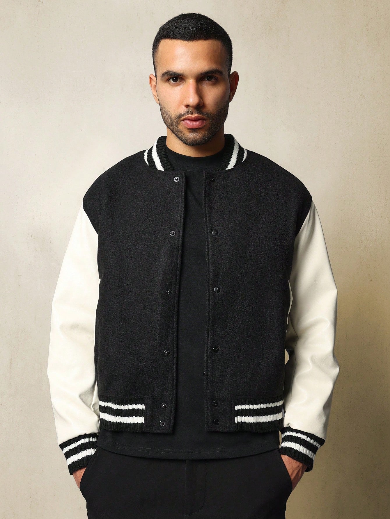 Crop Basic Black & White Varsity Jacket