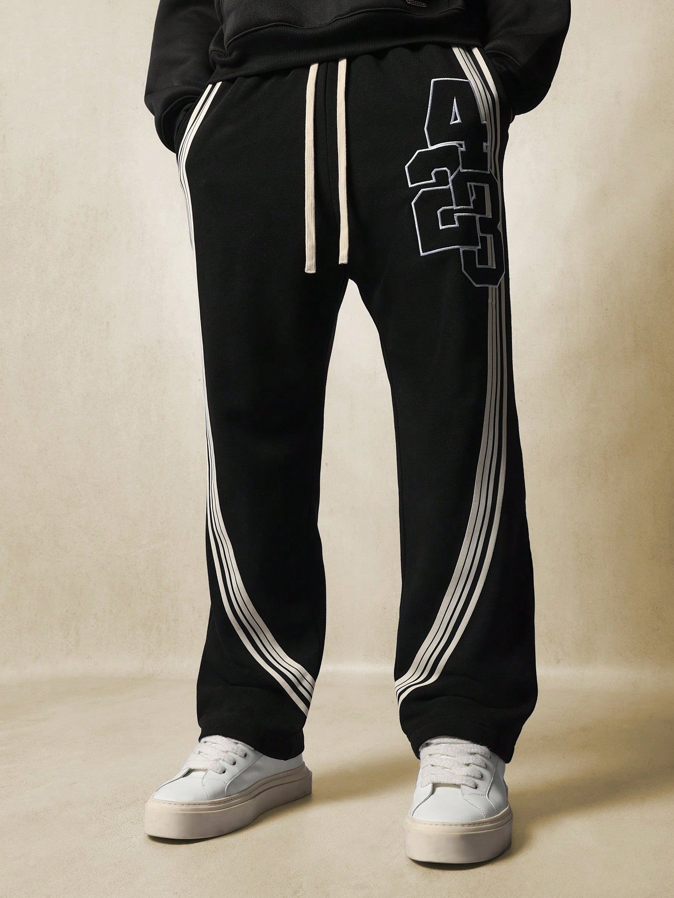 Pull On Drop Crotch Stripe Tape Sweatpants With Number Applique