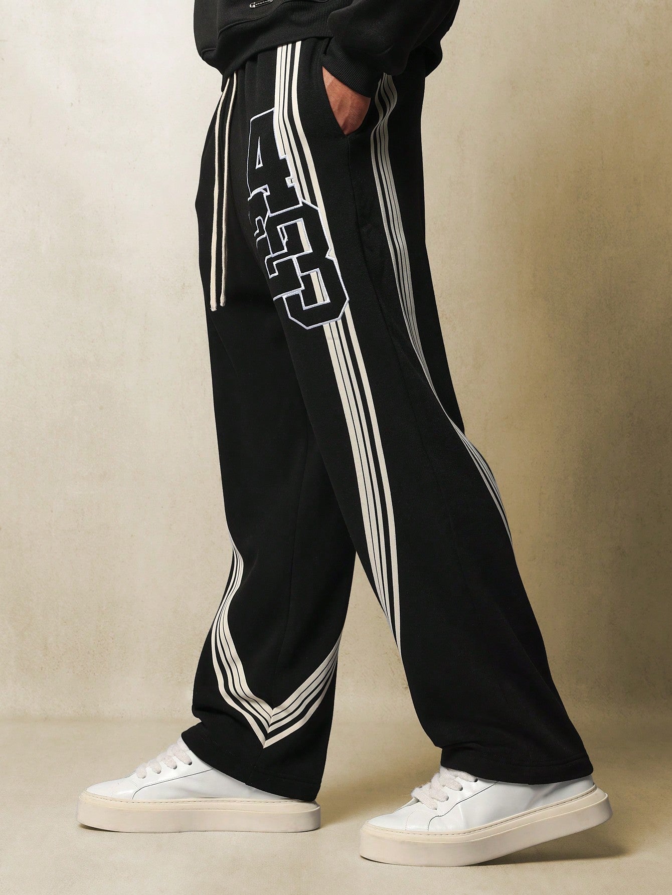 Pull On Drop Crotch Stripe Tape Sweatpants With Number Applique