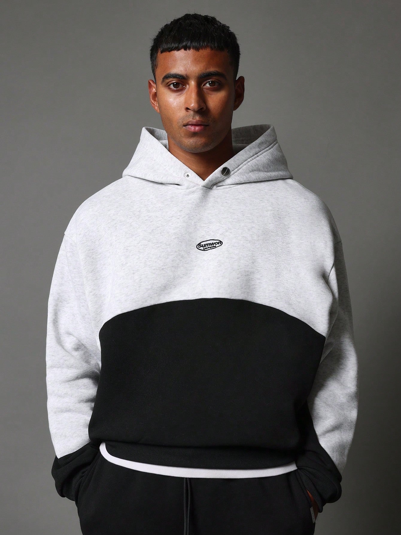 Crop Fit Colour Block Overhead Hoodie With Snap Button And Embroidery