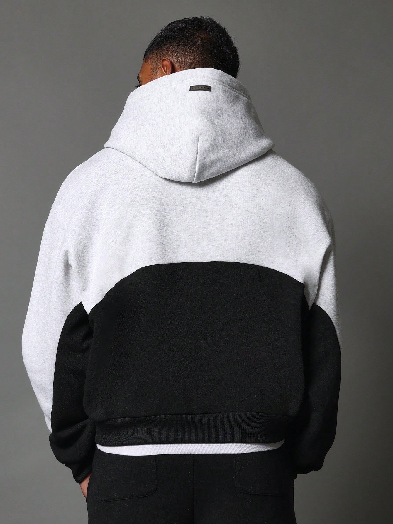 Crop Fit Colour Block Overhead Hoodie With Snap Button And Embroidery