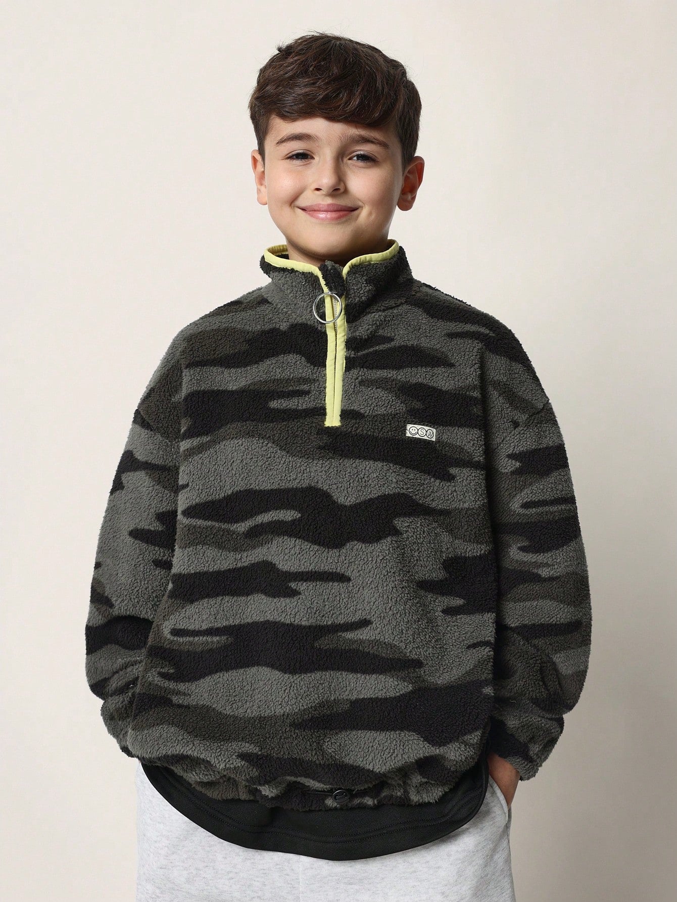 Tween Boys Soft Camouflage Borg Half Zip Funnel Neck Sweatshirt