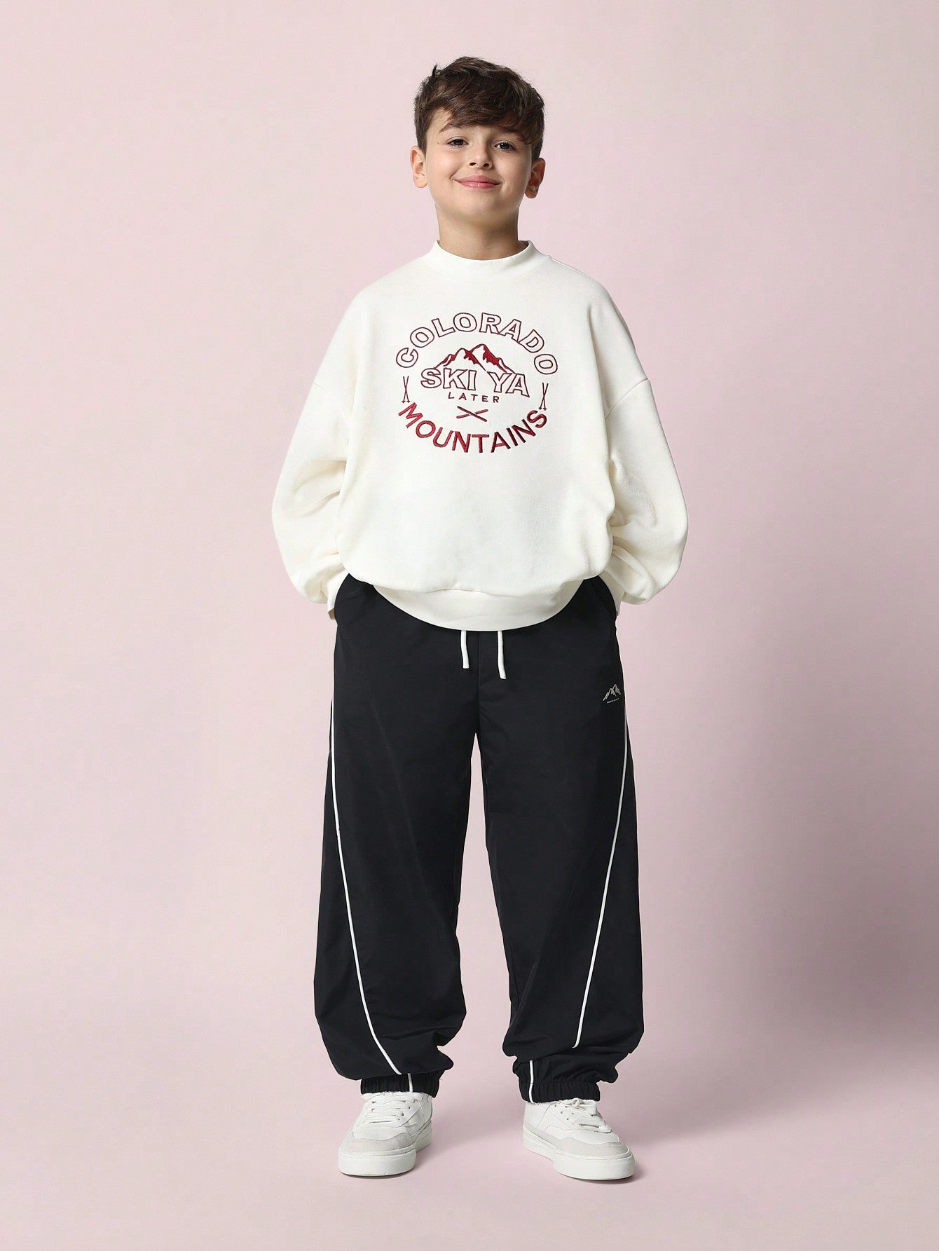 Tween Boys Soft Crew Neck Embroidered Sweatshirt And Parachute Nylon Pant With Piping 2 Piece Set