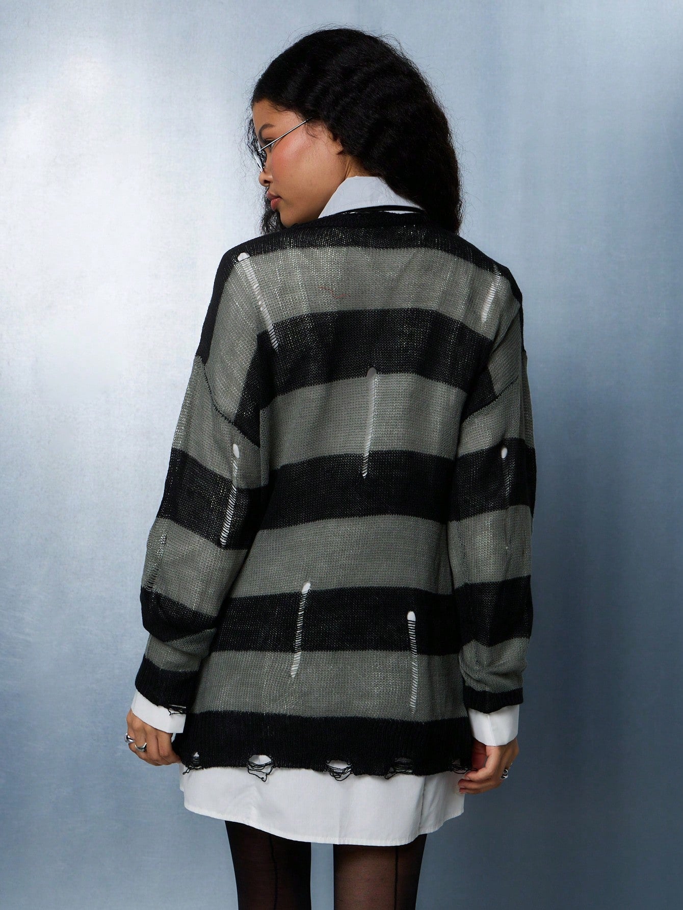 SUMWON WOMEN Distressed Oversized Stripe Sweater