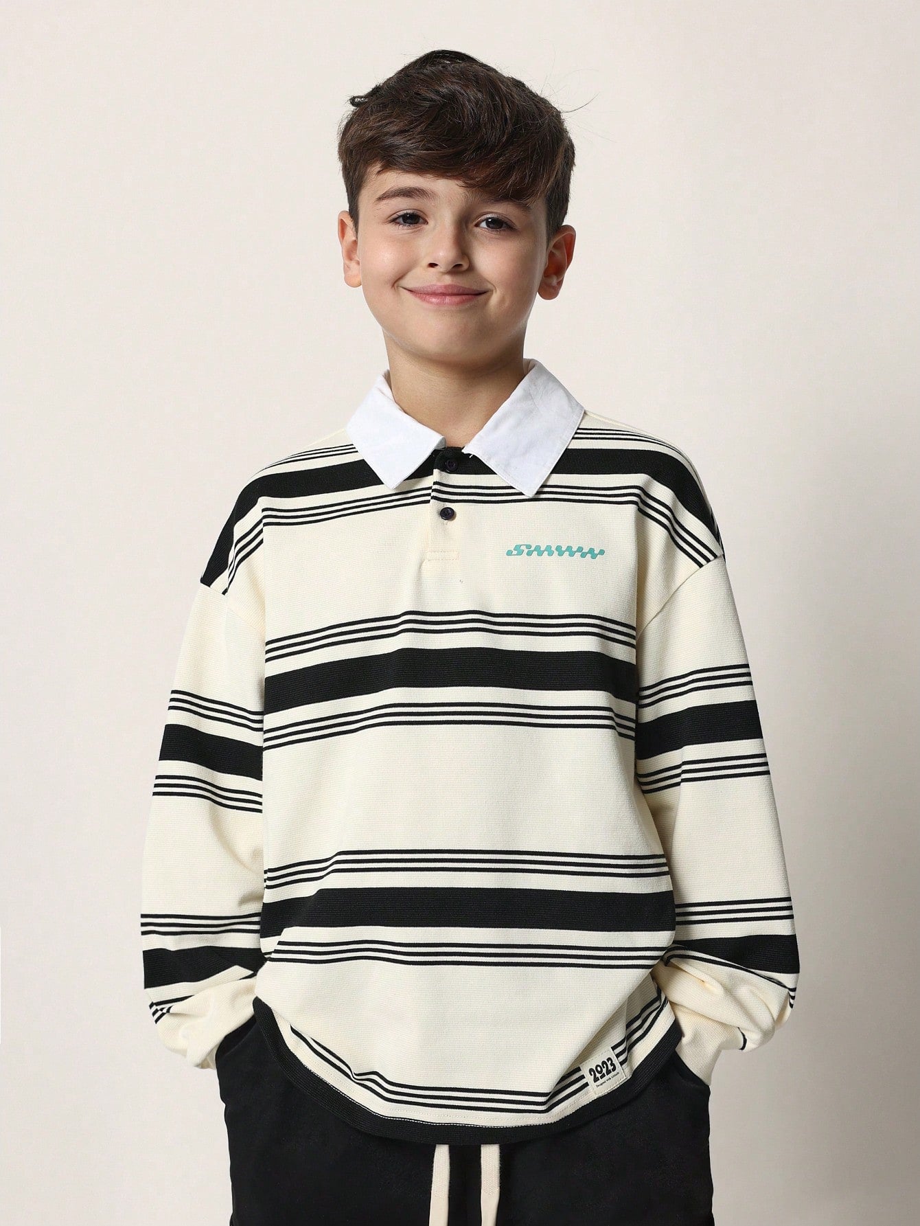 Tween Boys Relaxed Long Sleeve Stripe Contrast Collar Polo Shirt