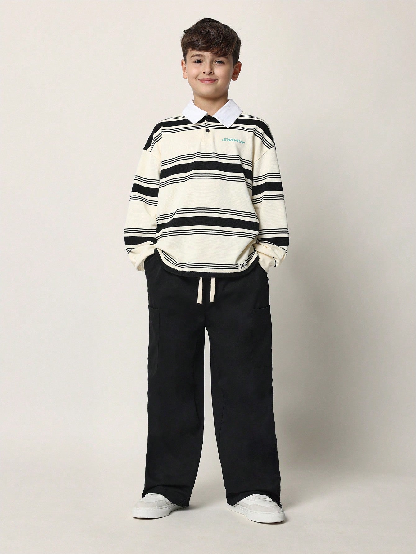 Tween Boys Relaxed Long Sleeve Stripe Contrast Collar Polo Shirt