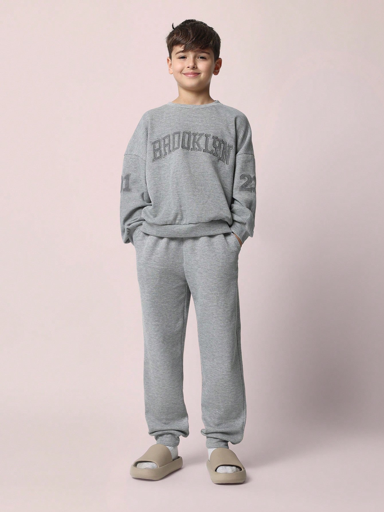 Tween Boys Comfy Waffle Embroidered Applique Sweatshirt And Slim Fit Jogger 2 Piece Set