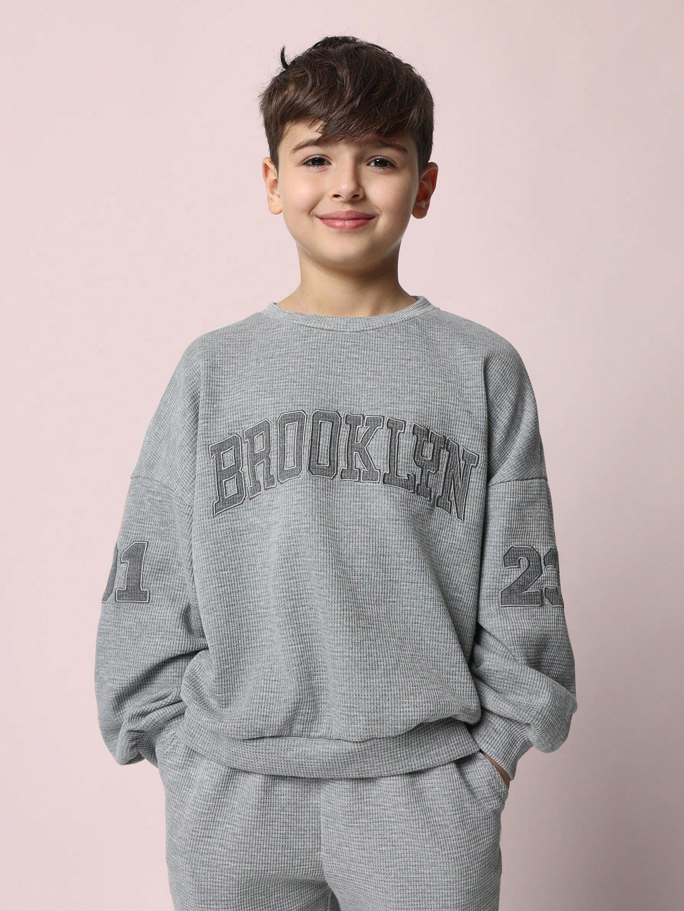 Tween Boys Comfy Waffle Embroidered Applique Sweatshirt And Slim Fit Jogger 2 Piece Set