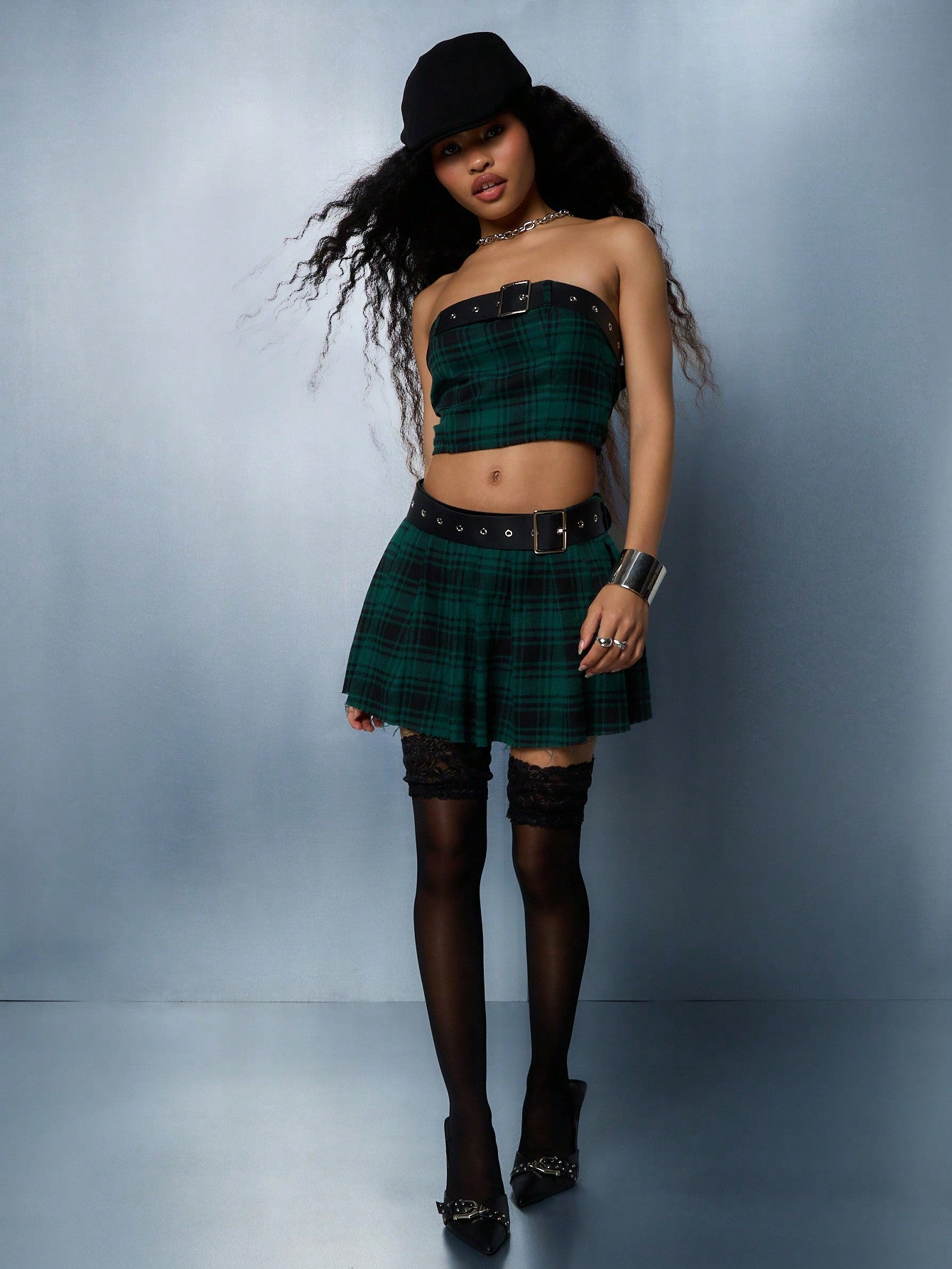 SUMWON WOMEN Belted Checked Pleated Mini Skirt