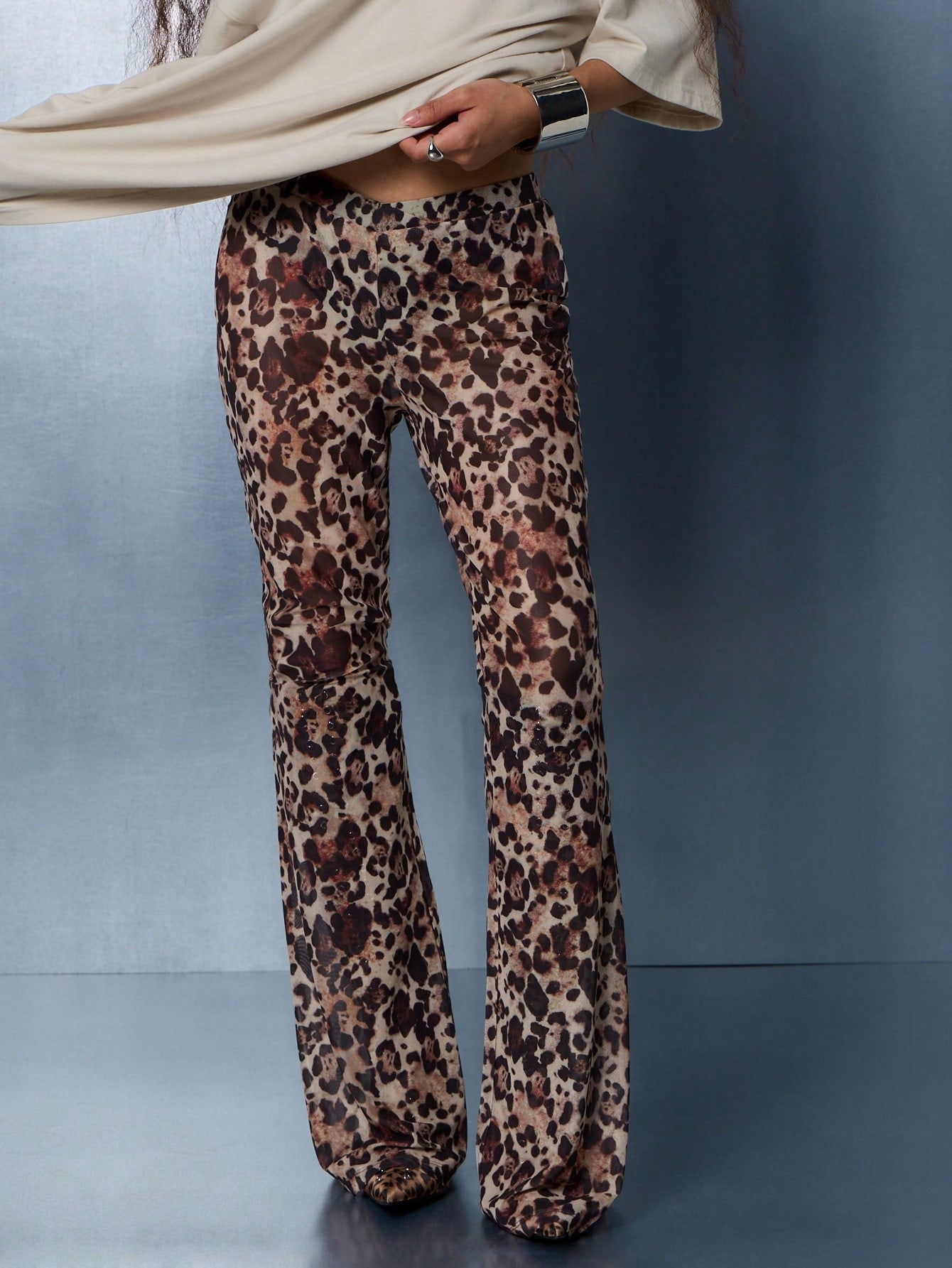 SUMWON WOMEN Sheer Leopard Print Flare Hem High Rise Pants