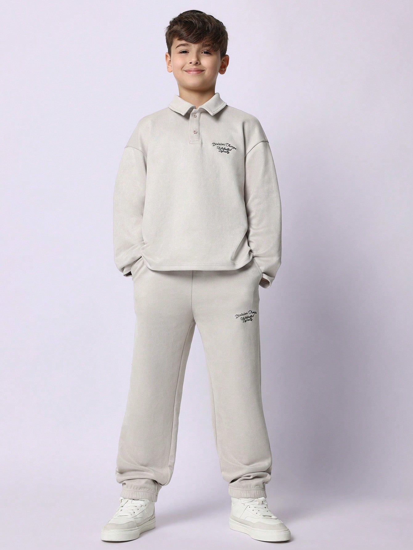 Tween Boys Comfy Suedette Long Sleeve Polo Shirt And Jogger Pant With Embroidery 2 Piece Set