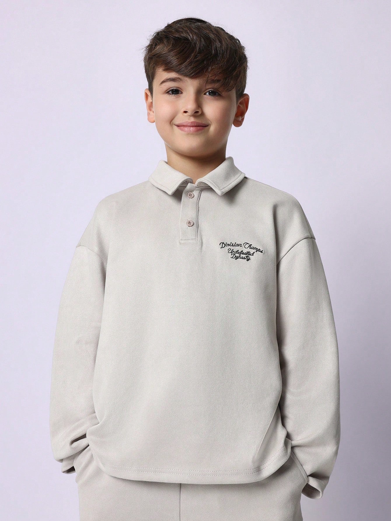 Tween Boys Comfy Suedette Long Sleeve Polo Shirt And Jogger Pant With Embroidery 2 Piece Set