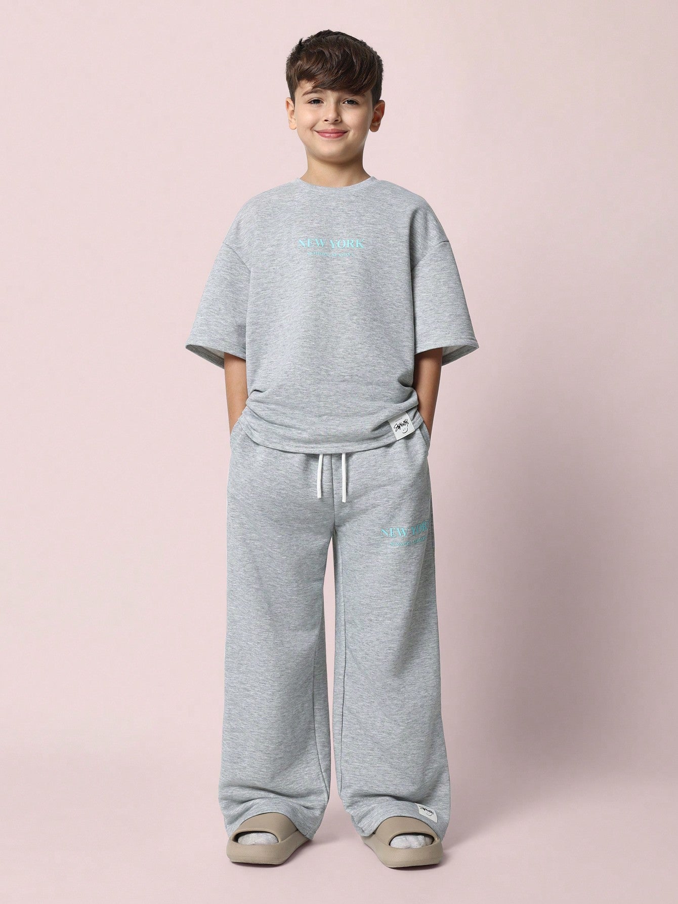 Tween Boys Relaxed Grey Marl Elbow Sleeve Tee And Straight Fit Pant With Graphic Print 2 Piece Set