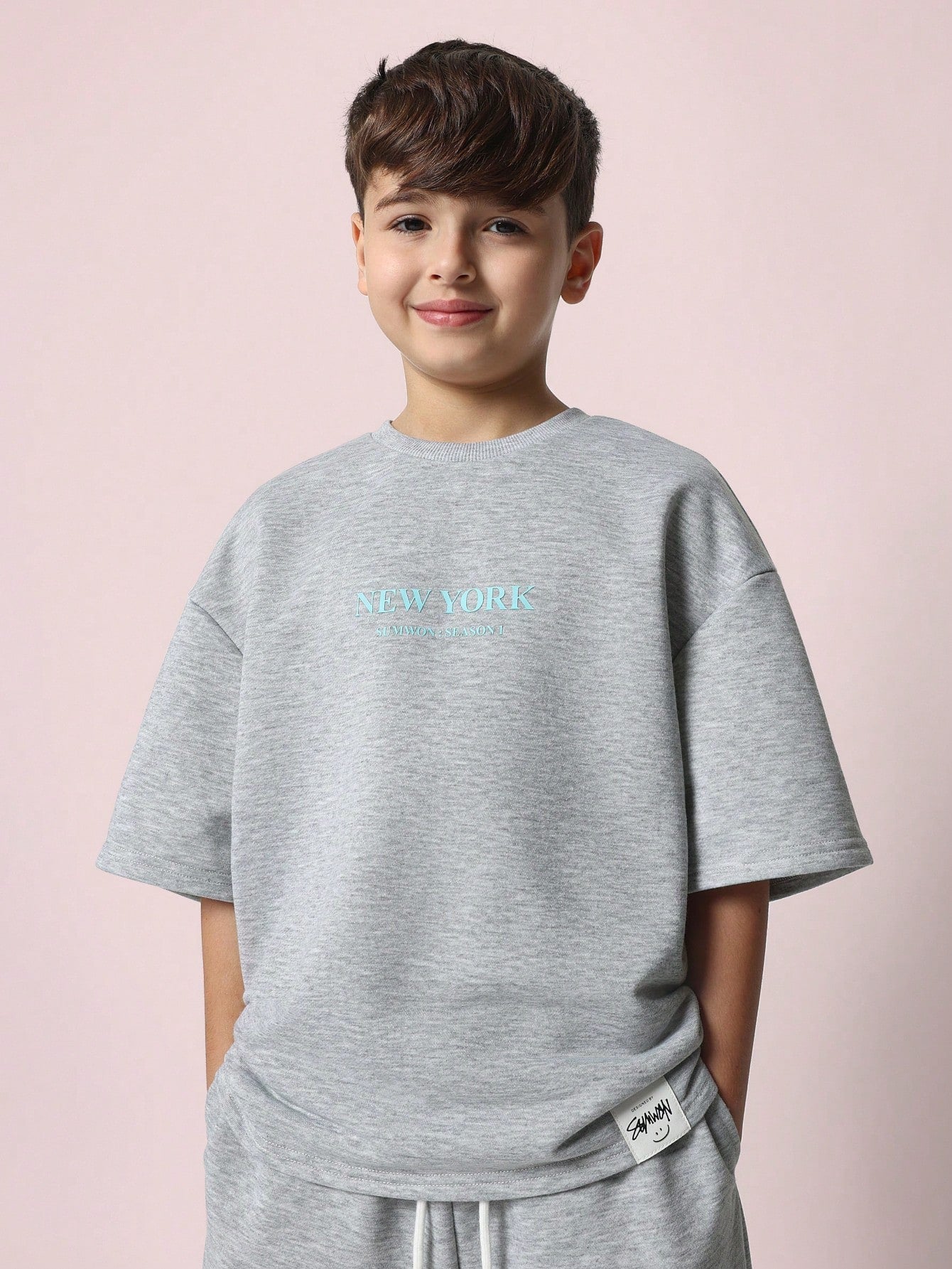 Tween Boys Relaxed Grey Marl Elbow Sleeve Tee And Straight Fit Pant With Graphic Print 2 Piece Set