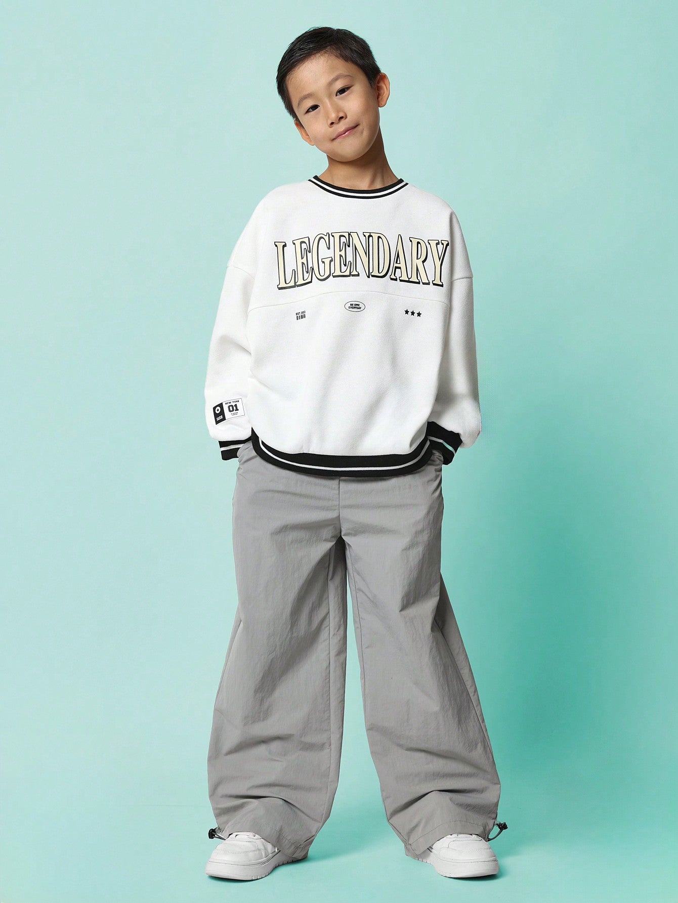 Tween Boys Comfy Regular Fit Sweatshirt With Large Graphic Print, Stripe Cuff & Hem