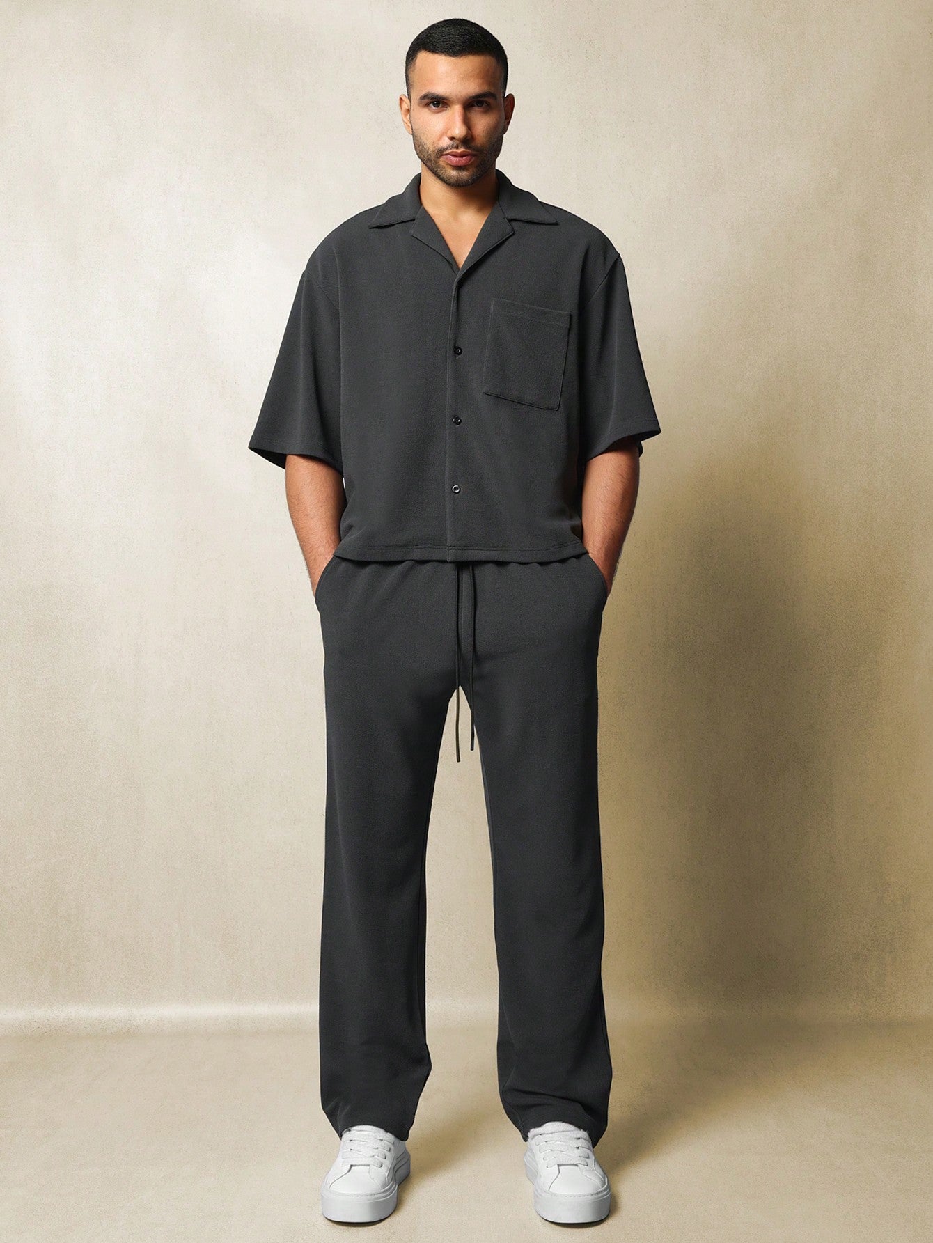 Boxy Textured Revere Jersey Shirt And Straight Fit Pant 2 Piece Set