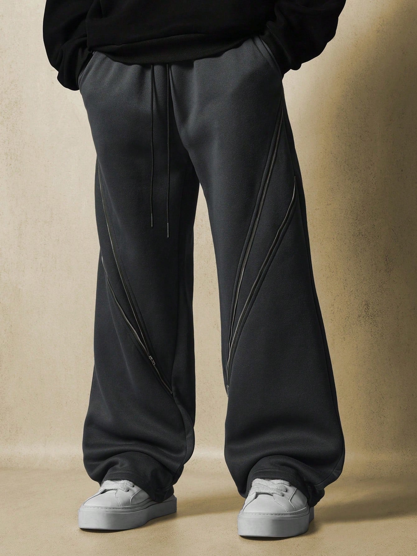 Straight Fit Sweatpants With Zipper Details & Drawstrings