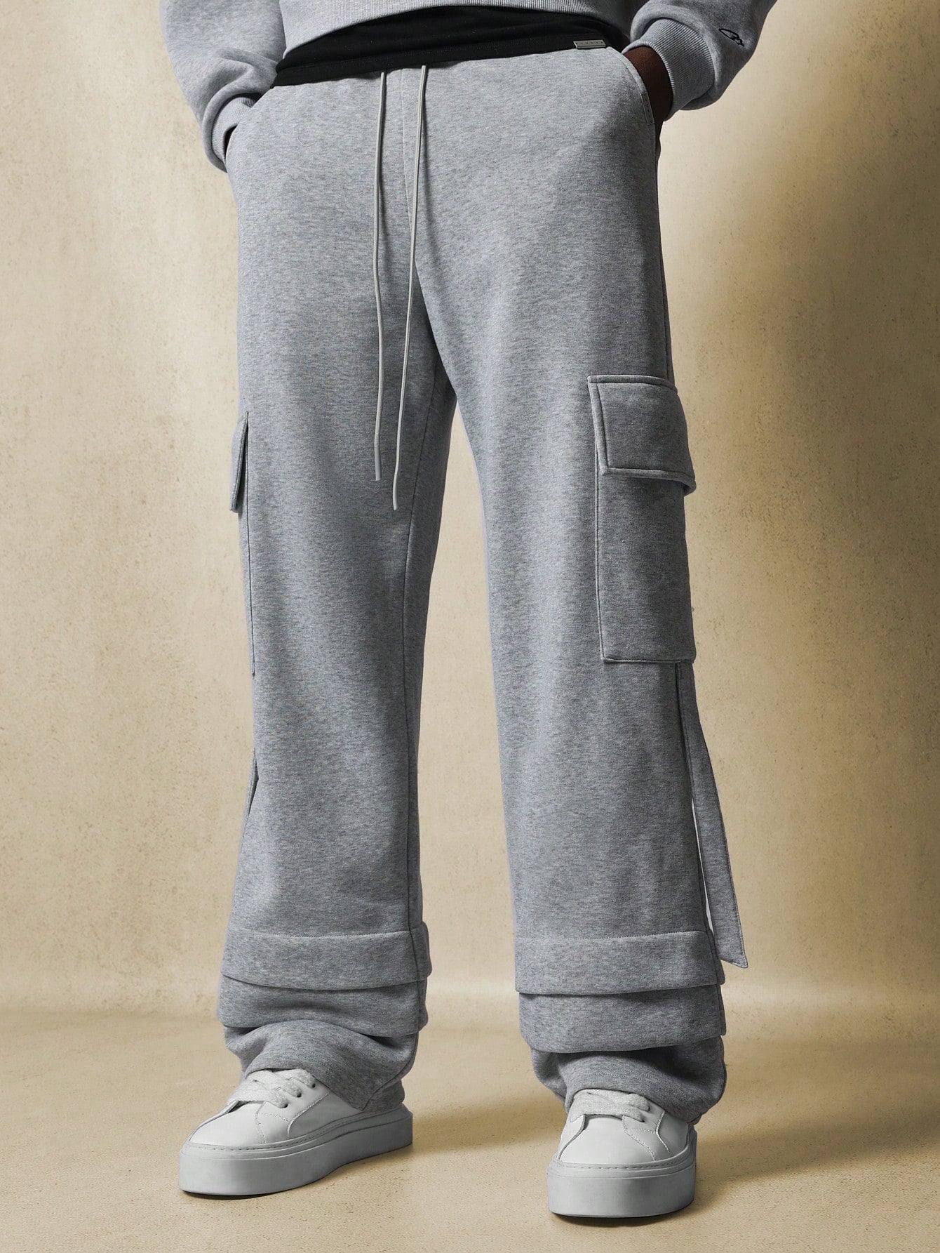 Straight Fit Drop Crotch Stacked Hem Cargo Sweatpants